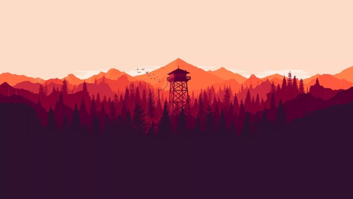 A watchtower stands in a forest with mountains in the background in an orange and red color palette