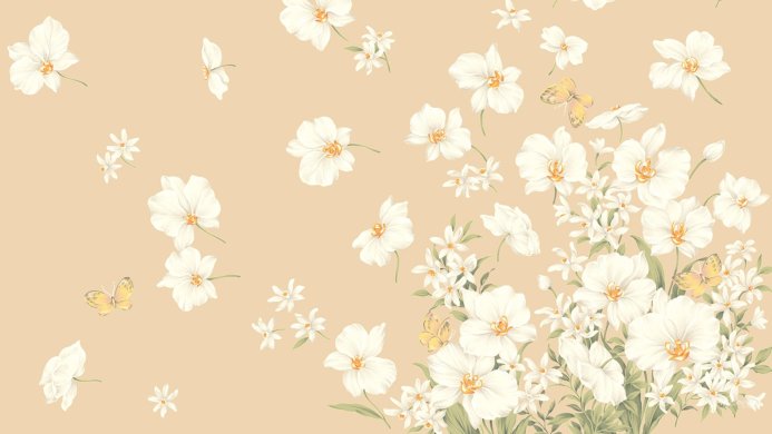 Beige background with white flowers and yellow butterflies