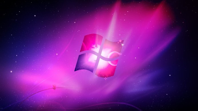 Windows 7 logo floating in a purple and pink galaxy with stars