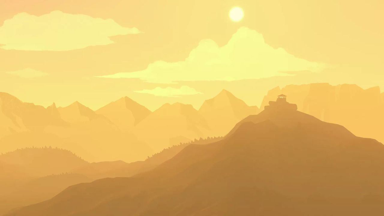 Stylized mountain landscape at sunset with building