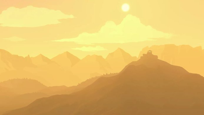 Hills with pagoda at the top under the sunlight in a yellow, orange and brown color scheme