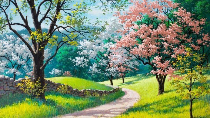 A landscape painting of blooming trees in pink, white, and yellow with a dirt path and a stone wall