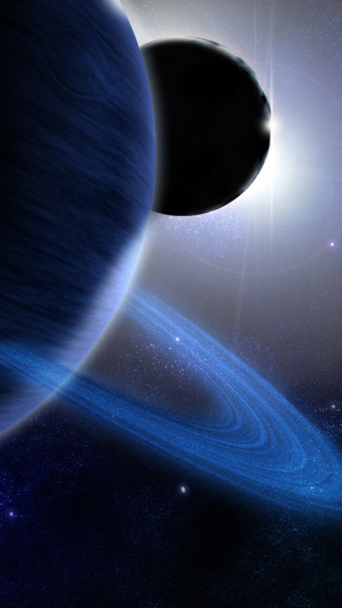 A blue planet with rings and another planet partially eclipsing a star