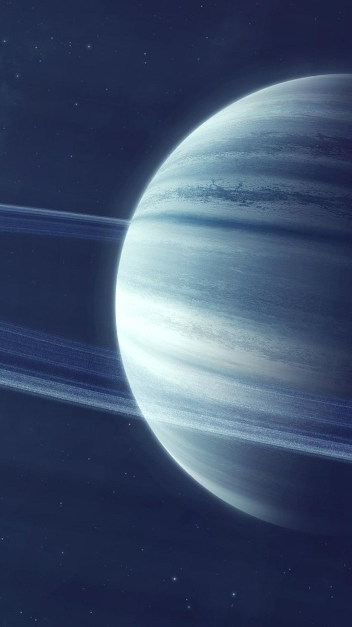 A blue and white ringed planet in deep space surrounded by stars