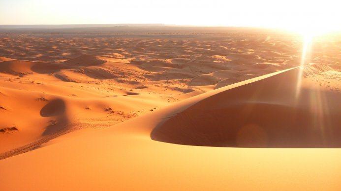 Vast orange sand dunes under a bright sun in the desert landscape