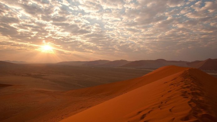 Sunrise over sand dunes in the desert landscape