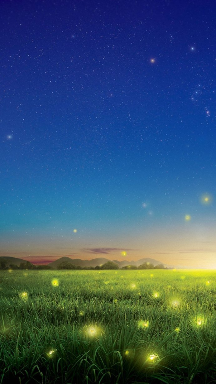 A field of grass at twilight with fireflies glowing softly against a backdrop of mountains and a starry sky