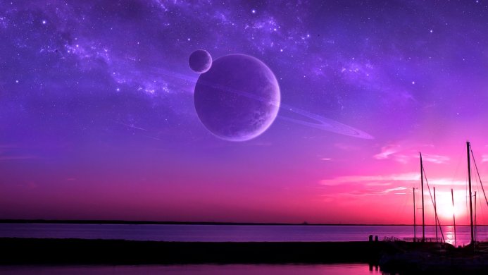 A galaxy with planets and rings over water and sailing masts at sunset