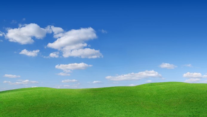 A vibrant green field under a bright blue sky with scattered white clouds