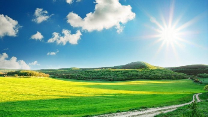 A vibrant green field under a blue sky with fluffy clouds and a bright sun