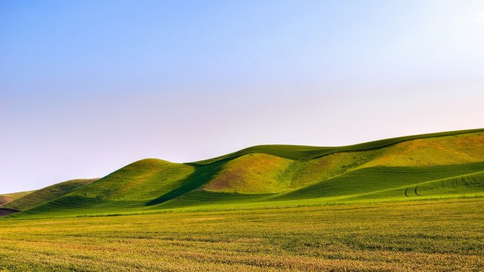 Rolling green hills under a blue sky with a field in the foreground