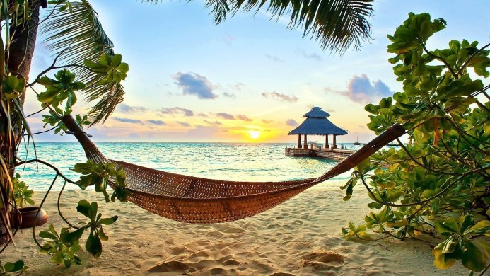 Hammock on a sandy beach with a gazebo and sunset in the background