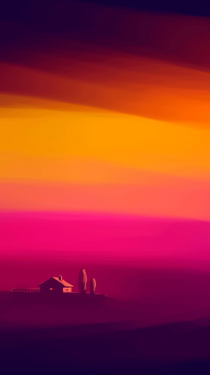 House and trees silhouetted against a vibrant sunset sky with colors ranging from orange to purple