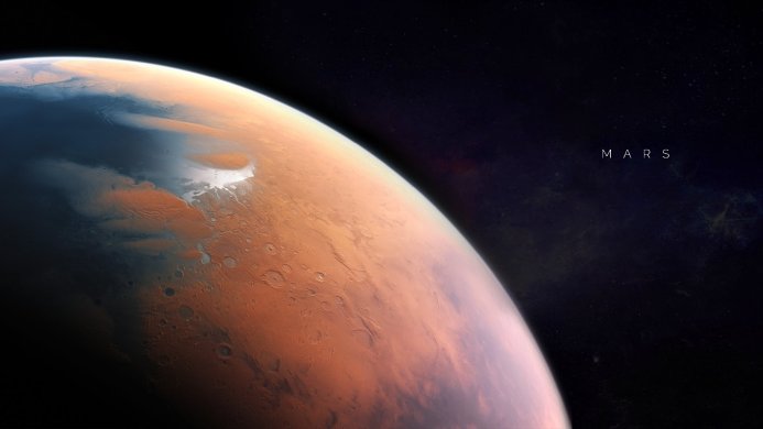 A view of the planet Mars in space, showing its surface and atmosphere