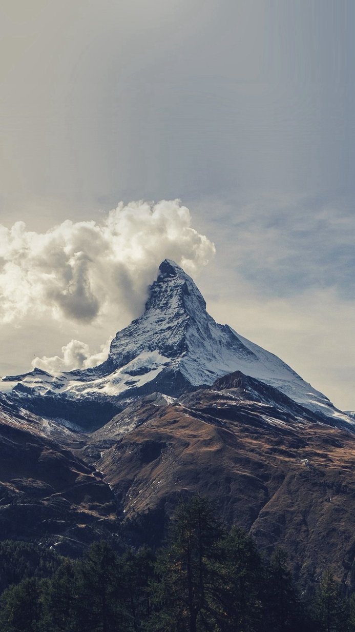 The Matterhorn mountain partially covered by clouds with forest in the foreground