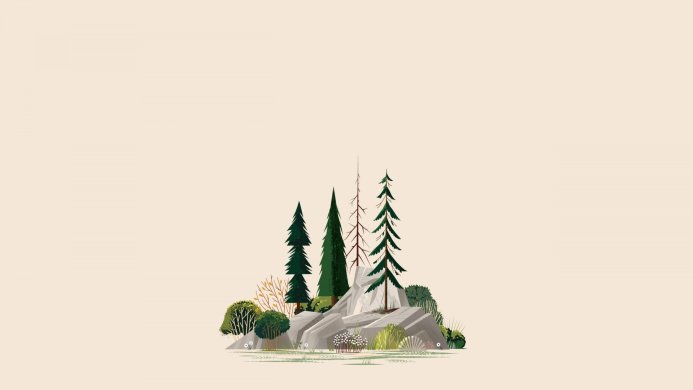 Illustration of trees and rocks on a beige background