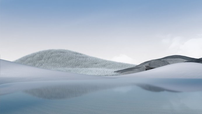 Minimalist landscape with white hills, gray rocks, and reflective water under a light blue sky