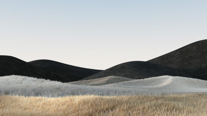 Minimalistic landscape with hills and a field in beige, black, and white colors