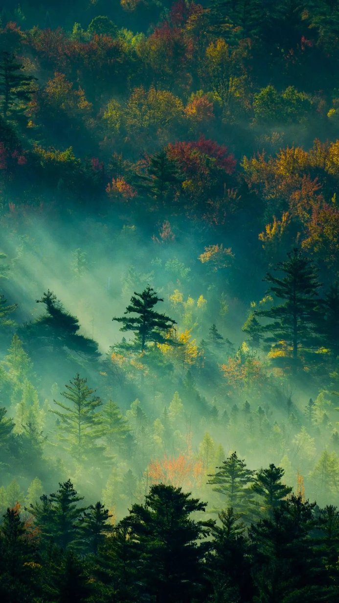 Misty autumn forest with colorful trees and sun rays shining through the fog