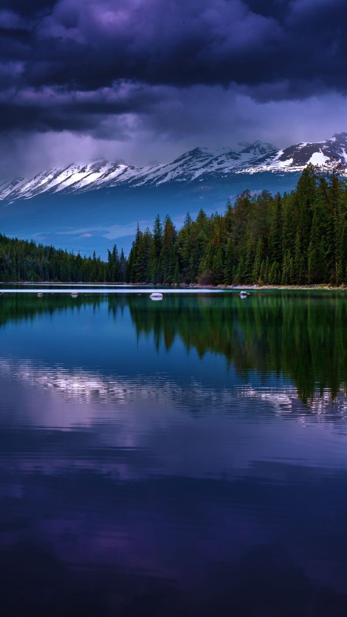 Snowy mountains reflecting in a calm lake surrounded by a green forest under a cloudy sky