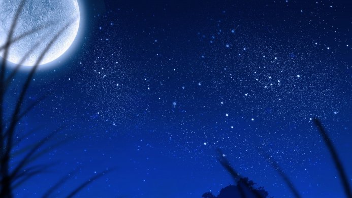A blue night sky with a bright moon and countless stars