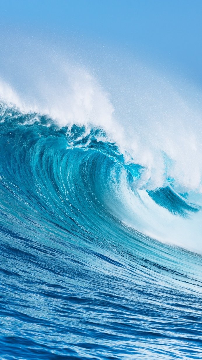 A large, powerful ocean wave with a foamy crest, turquoise water, and a clear blue sky