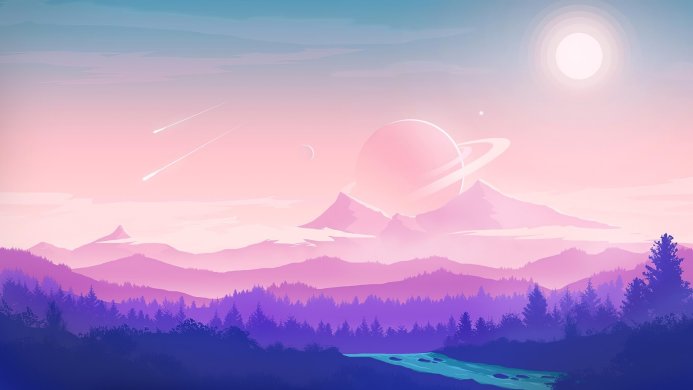 A dreamy landscape with a planet, mountains, trees and a river in pastel colors