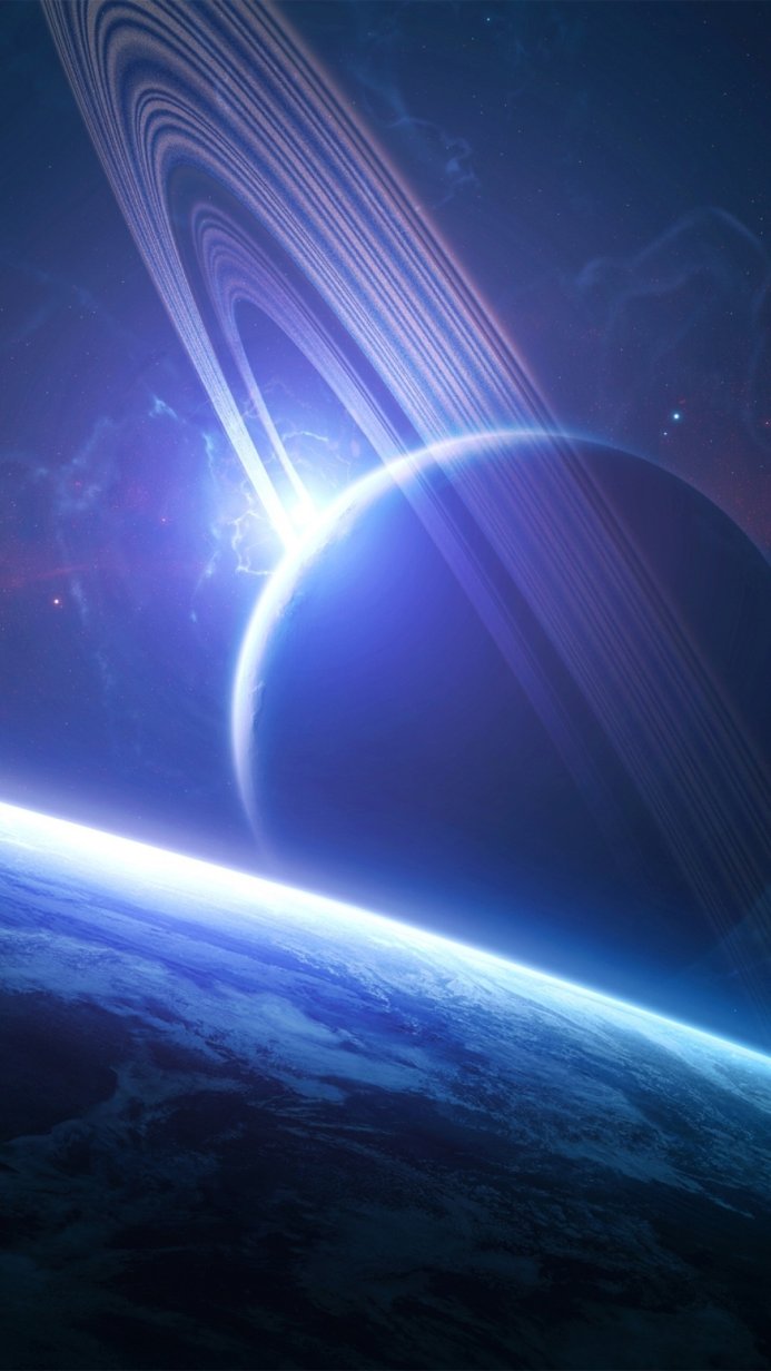 A planet with rings, a celestial view in blue, white and purple tones