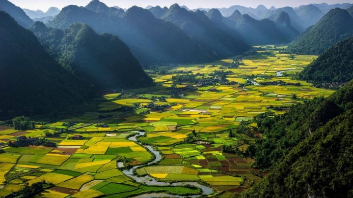 Aerial view of rice fields, mountains, and river in a valley landscape