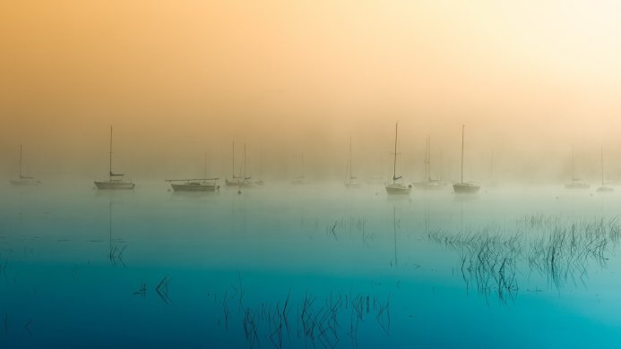 Sailboats in the fog at dawn, with reflections in the water