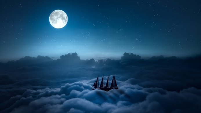 Sailing ship silhouette floating on clouds under a full moon in a night sky