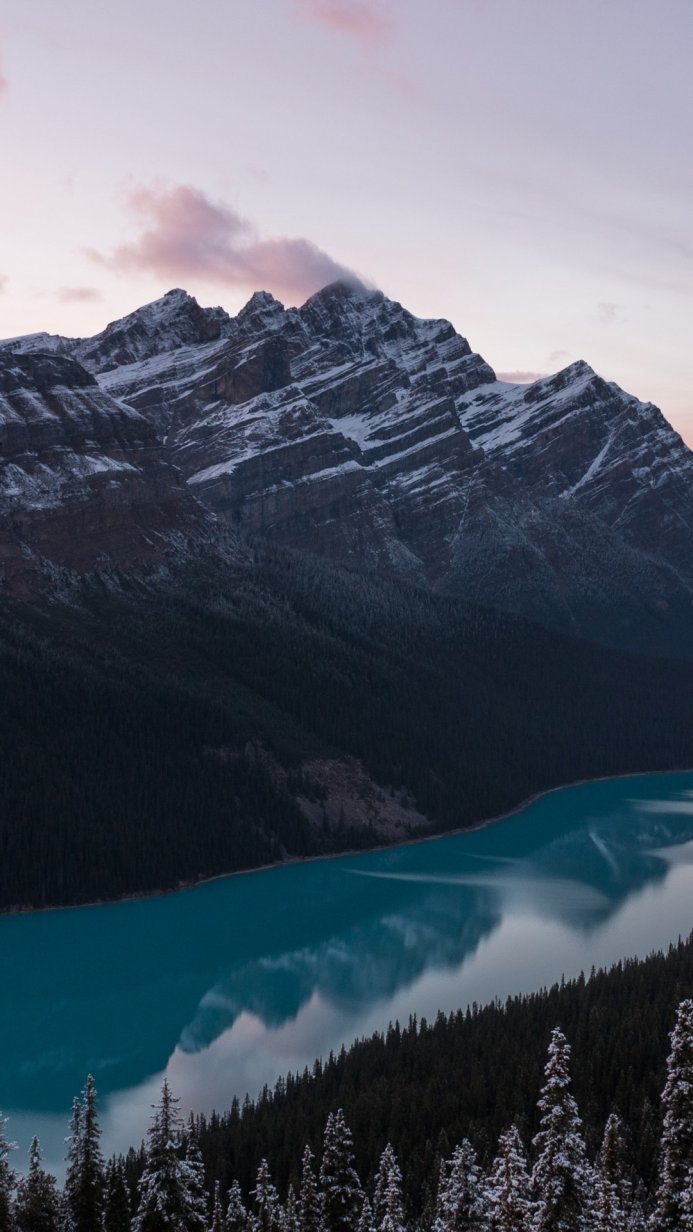 Snowy mountain reflected in a blue lake surrounded by evergreen trees