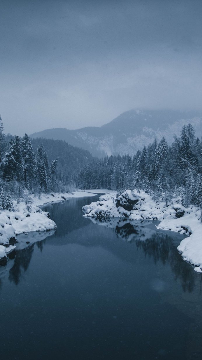 Snowy landscape with river, trees and mountains under an overcast sky