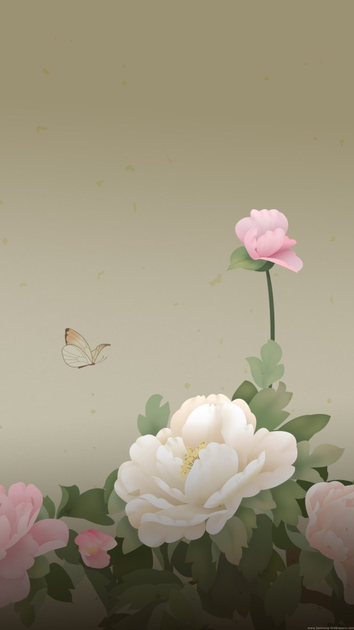 Illustration of white and pink peonies with a butterfly on a beige background