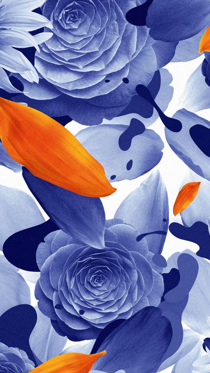 Abstract floral arrangement in shades of blue and orange on a white background