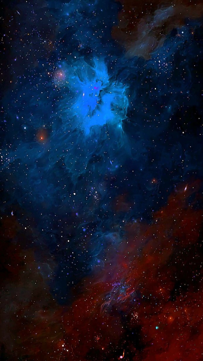 A blue and red nebula with many stars scattered throughout the image