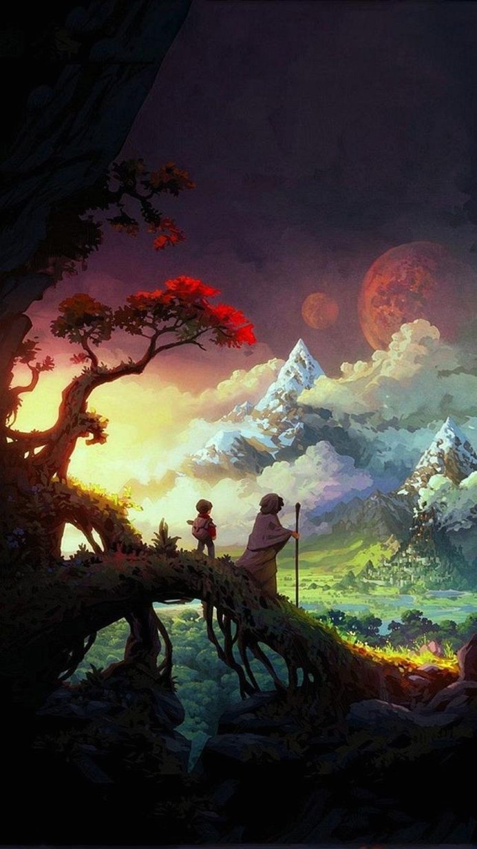 A boy and a hooded figure gazing at a mountain landscape with two moons in the sky