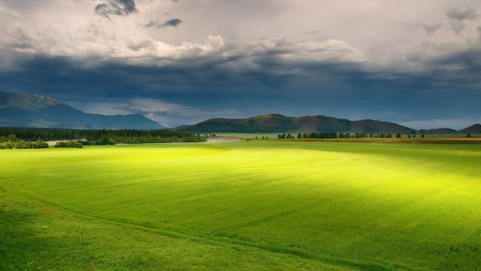 A wide green field under a cloudy sky with hills in the distance