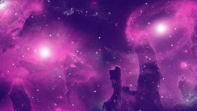 A pink and purple nebula with bright stars in a cosmic space scene