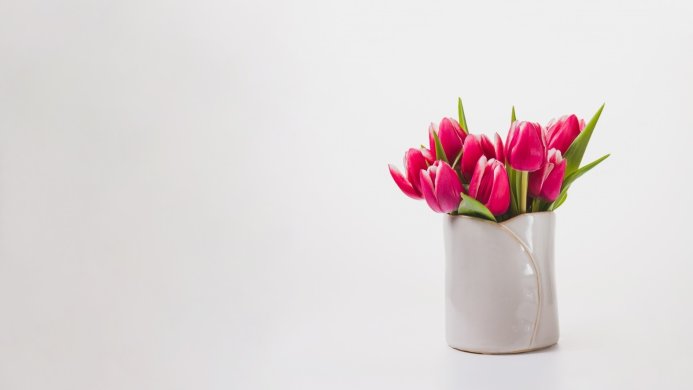 A bouquet of pink and white tulips in a beige vase on a white background