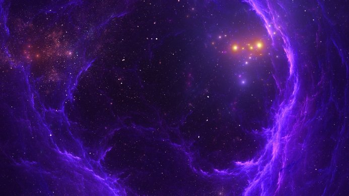 A vibrant purple and blue nebula with star clusters in space