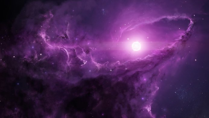 Purple nebula with a bright star in space, cosmic background