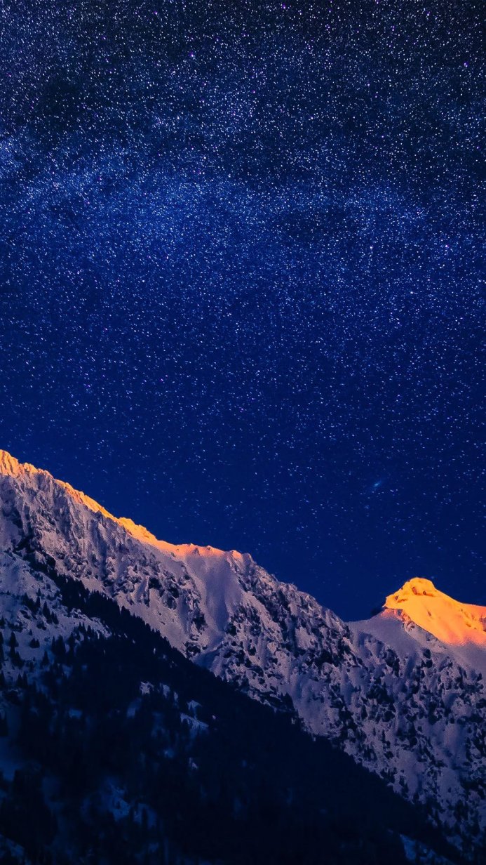 Snowy mountains under a starry night sky