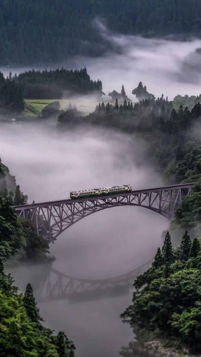 A train crossing a bridge in a foggy, green mountain landscape