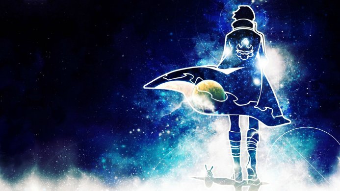 Abstract silhouette figure in space with stars and planets