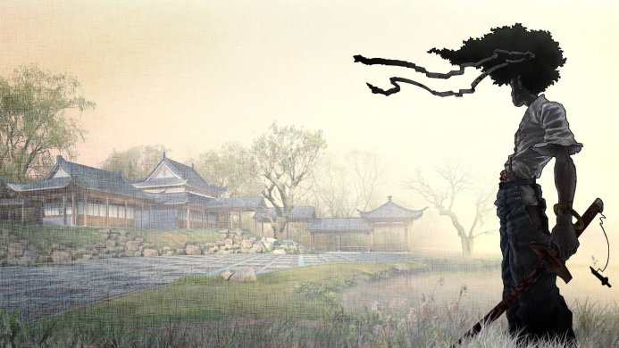 Afro Samurai, a character from the anime series, stands with his sword in front of a traditional Japanese landscape