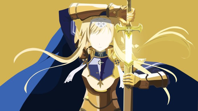 Alice Zuberg from Sword Art Online holding a glowing sword in golden armor
