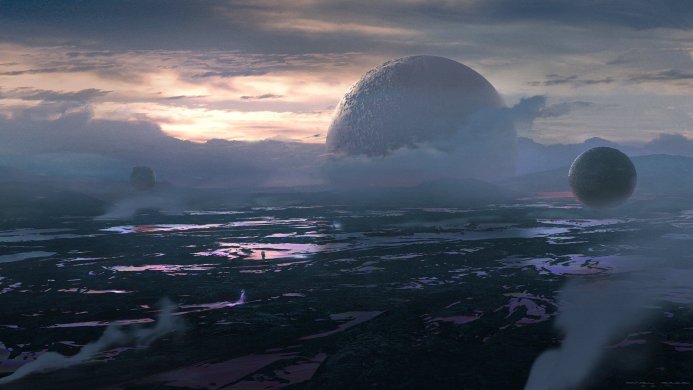 Alien landscape with planets under a cloudy sky