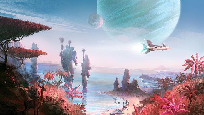 A spacecraft flies over a pink and blue alien planet with unique rock formations, deer, and dinosaurs
