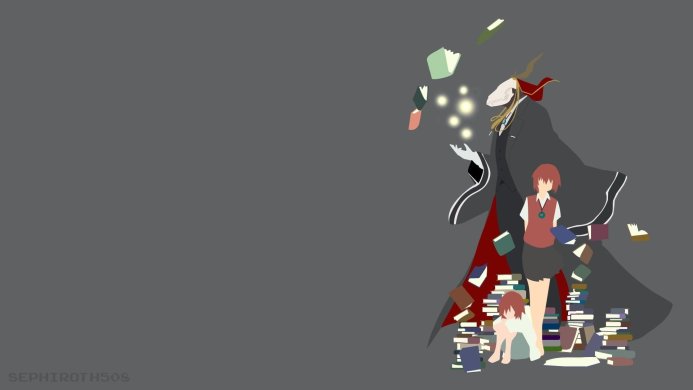 Chise Hatori and Elias Ainsworth from The Ancient Magus' Bride surrounded by books in a stylized vector art